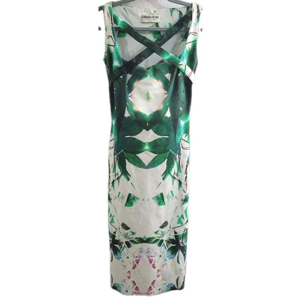Chiara Boni La Petite Robe Italy Green Botanical Sheath Midi Dress 42 US 6 - Picture 2 of 10